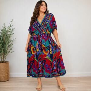 Together! Vintage 90s Abstract Print Midi Dress Colorful Boho Rayon Plus Sz 20W